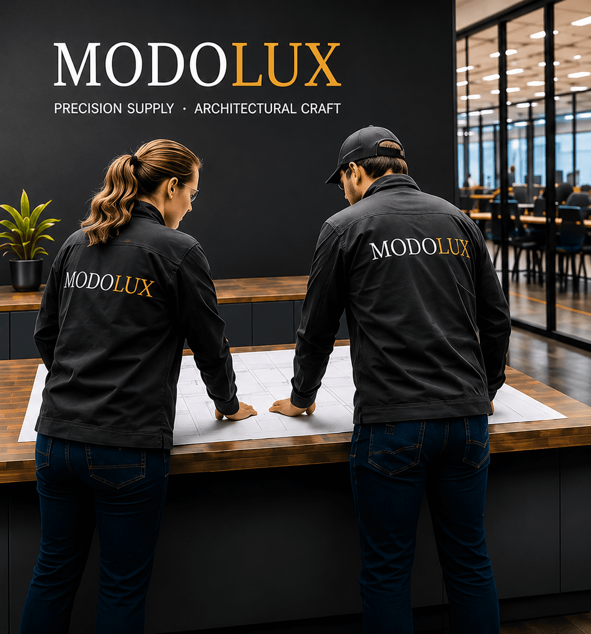 The Modolux team reviewing project plans